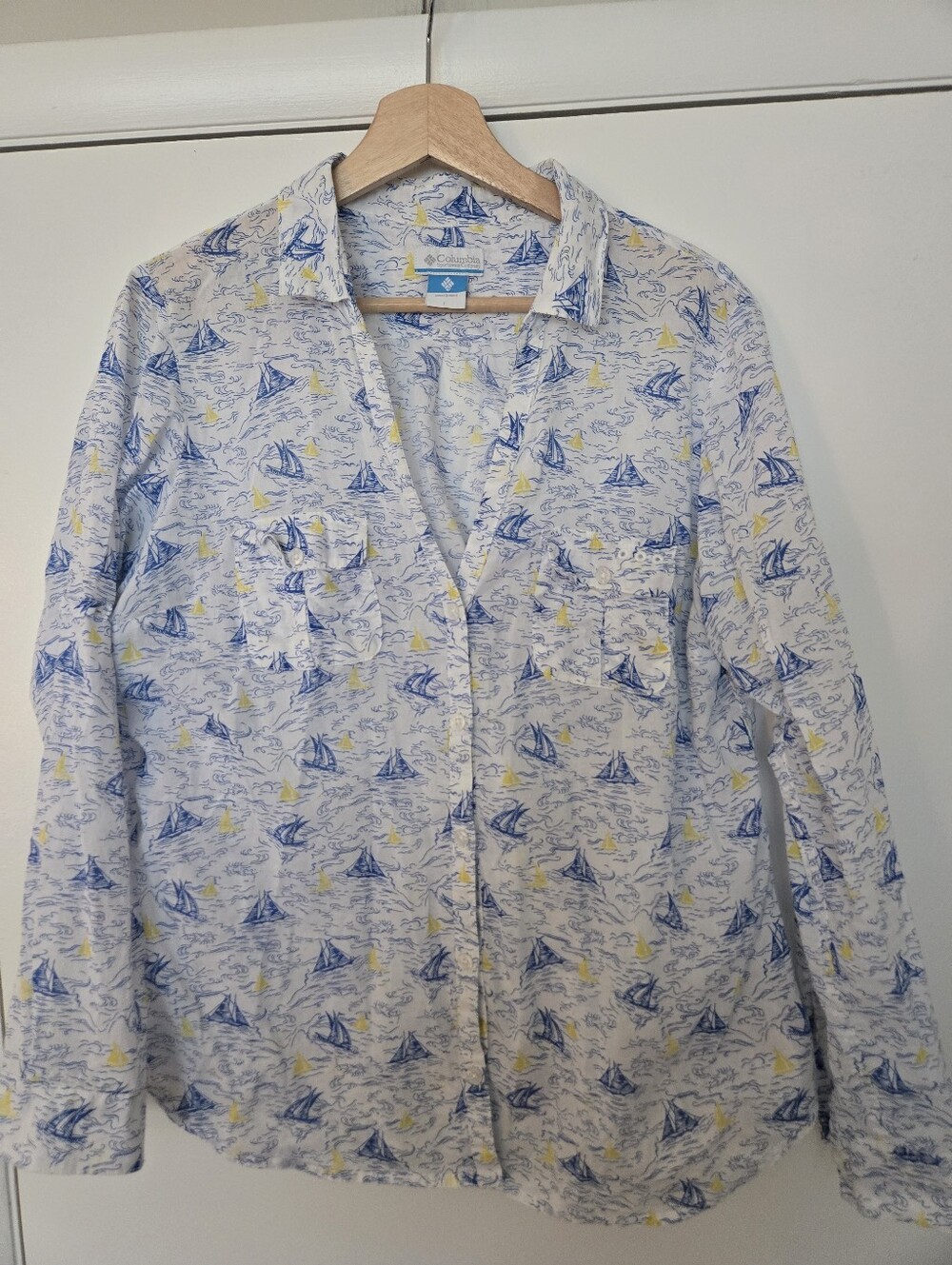 Columbia 100% Cotton Sailboat Print Long Sleeve pfg Sun Drifter Shirt Size L